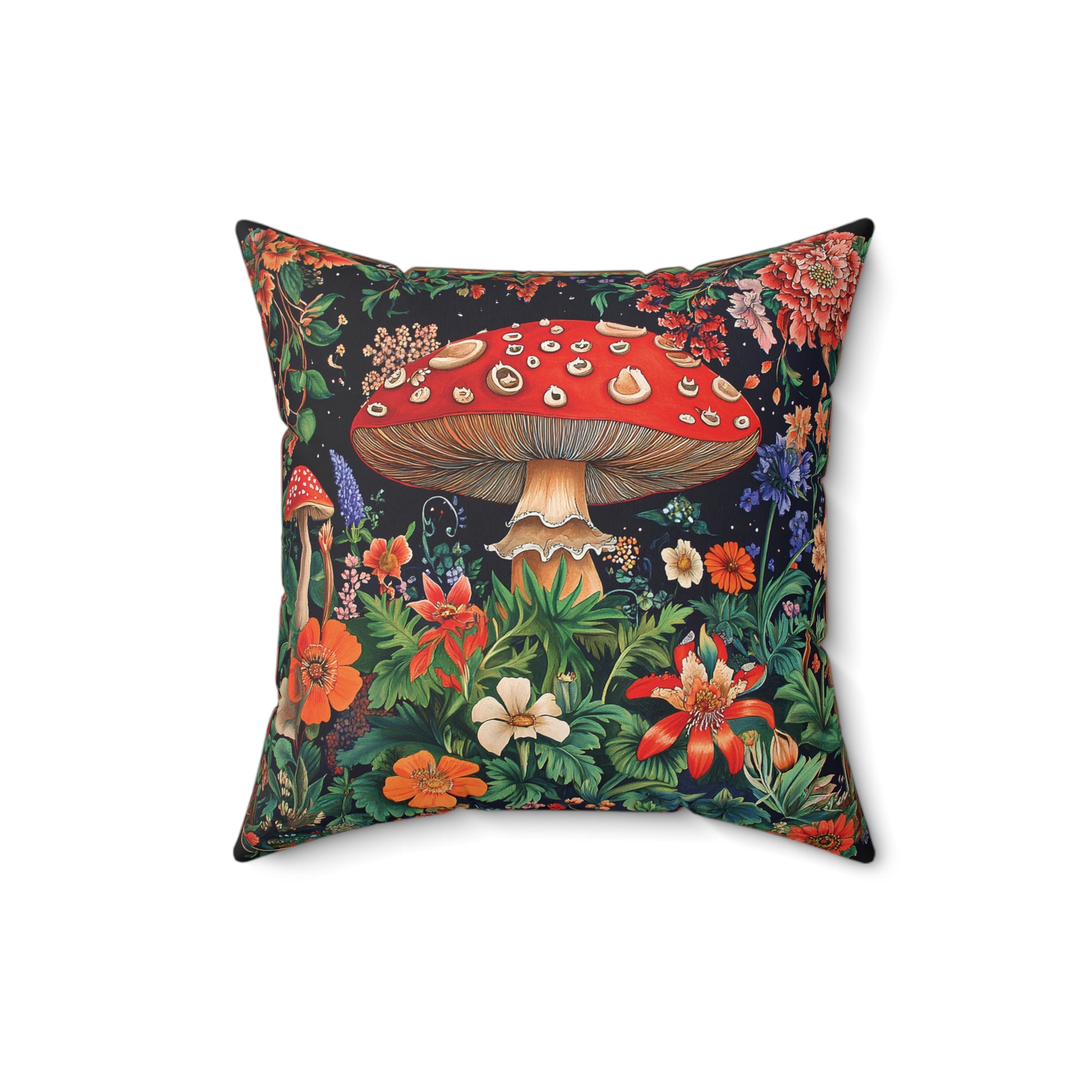 William Morris Style Mushroom and Botanicals Square Pillow, Red Mushroom and Flowers, insert included - Homevalley.co.uk