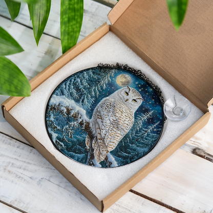 White Owl Stained Glass Effect Suncatcher for Window Hanging