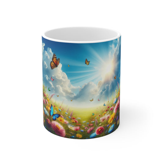 Floral Field, Butterflies and sunshine Coffee Mug, Floral Tea cut, Mother's day, Gift for her 11oz - Homevalley.co.uk