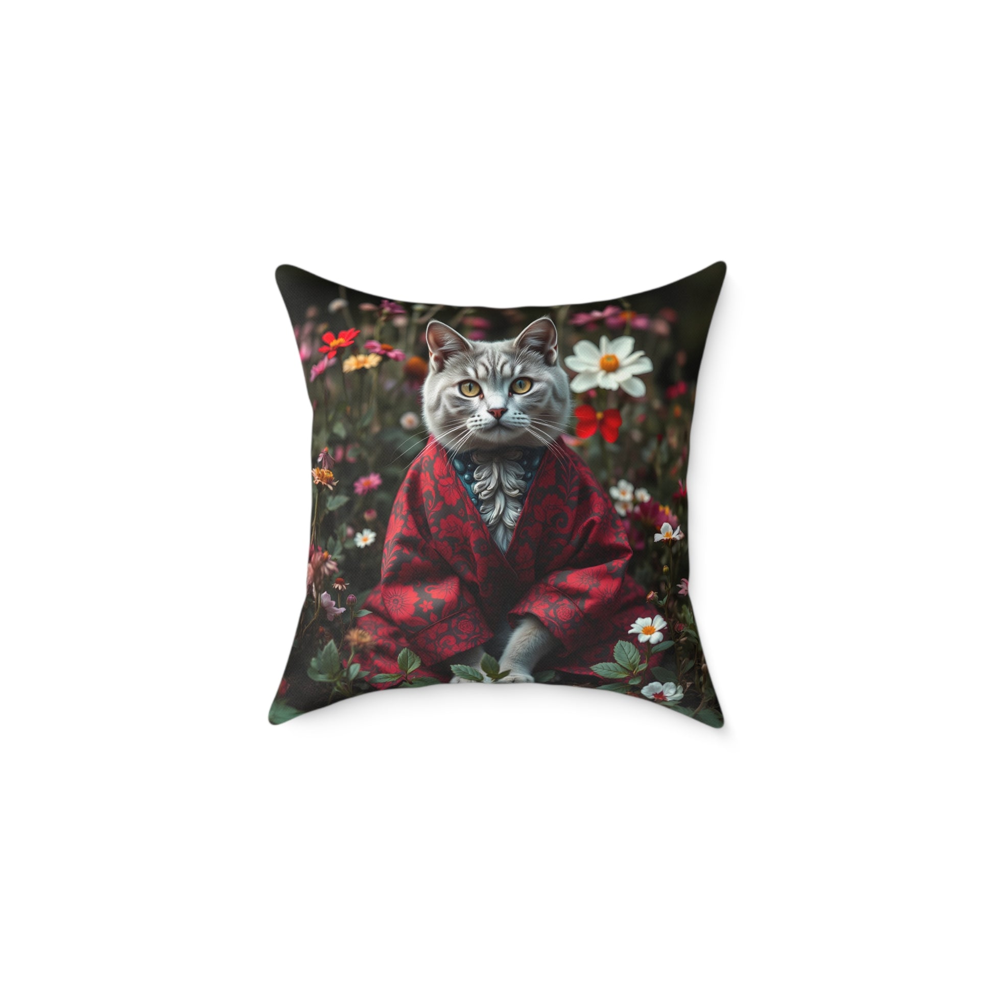 William Morris Style Cat in Kimono and Flowers Square Pillow, Botanicals and Flowers, insert included - Homevalley.co.uk