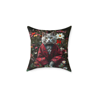 William Morris Style Cat in Kimono and Flowers Square Pillow, Botanicals and Flowers, insert included - Homevalley.co.uk