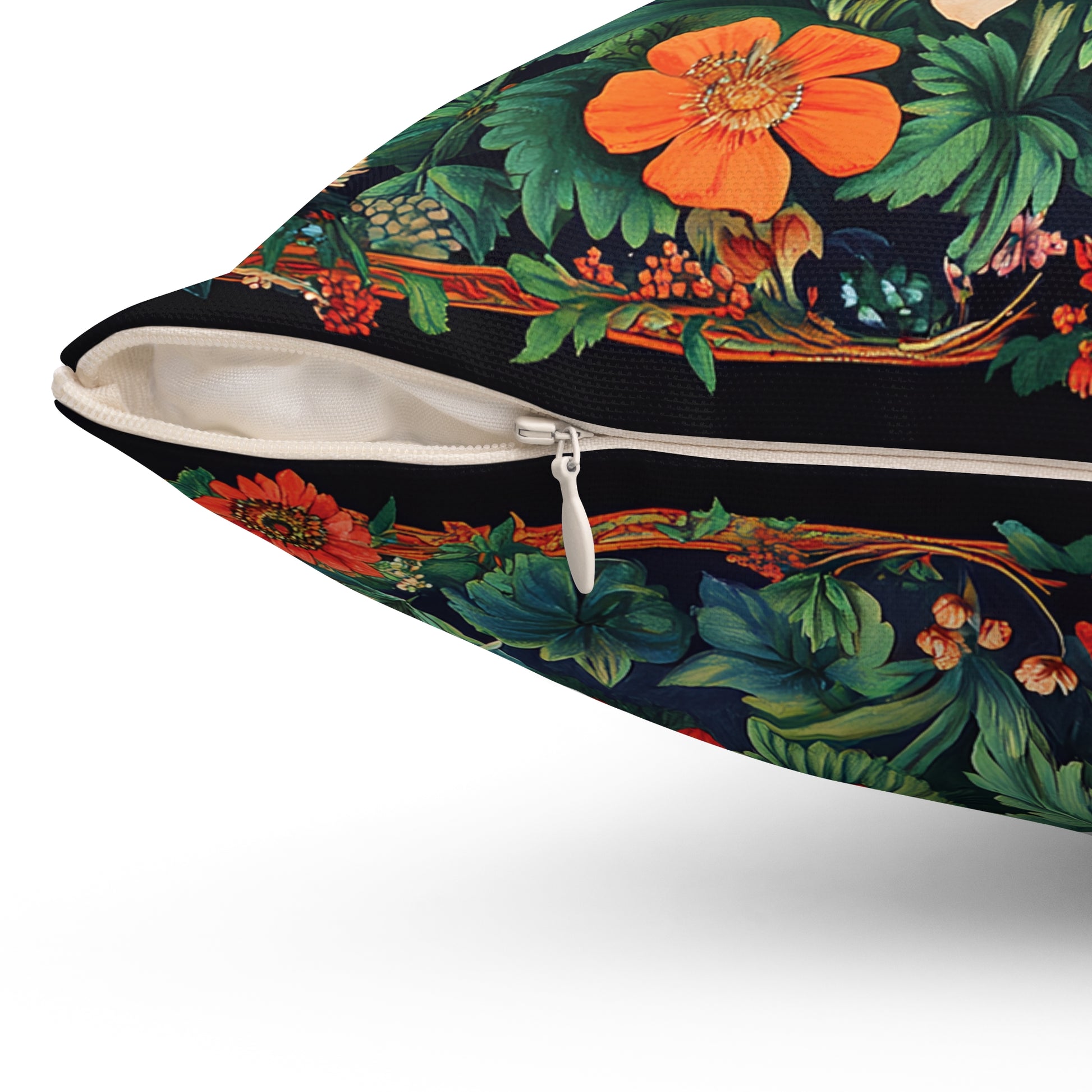 William Morris Style Mushroom and Botanicals Square Pillow, Red Mushroom and Flowers, insert included - Homevalley.co.uk