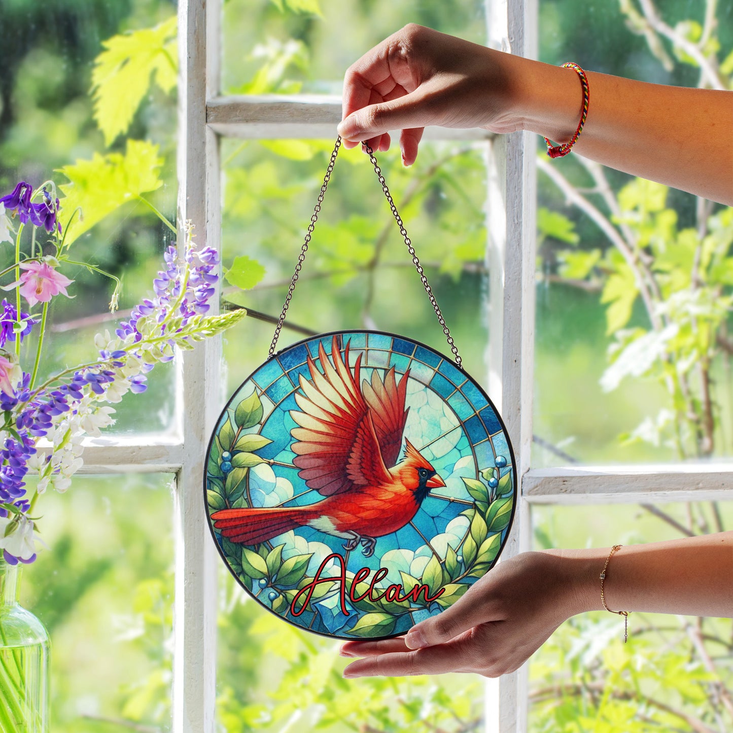 Personalized Stained Glass Cardinal Suncatcher – Custom Memorial Window Hanging
