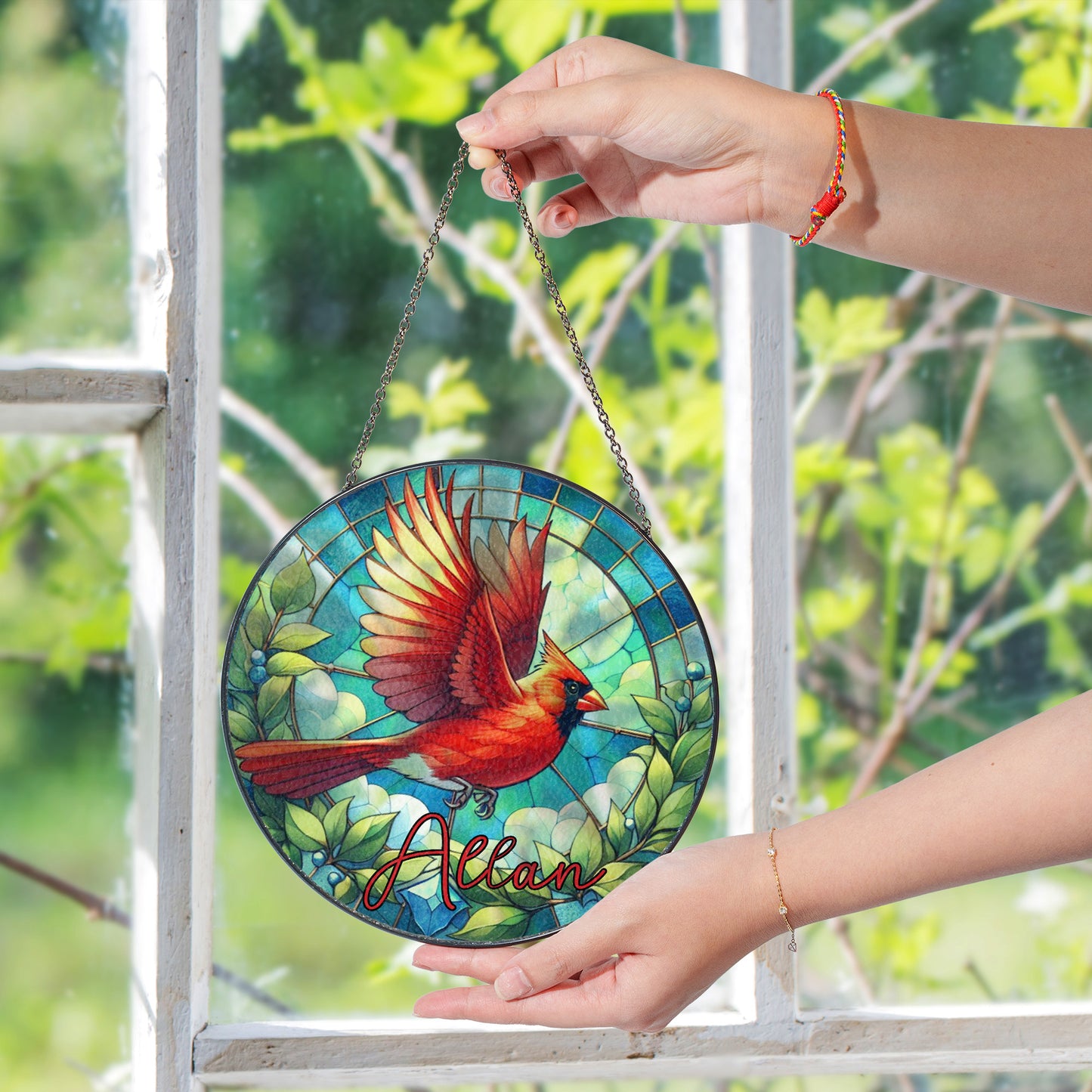 Personalized Stained Glass Cardinal Suncatcher – Custom Memorial Window Hanging