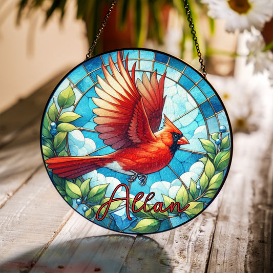 Personalized Stained Glass Cardinal Suncatcher – Custom Memorial Window Hanging