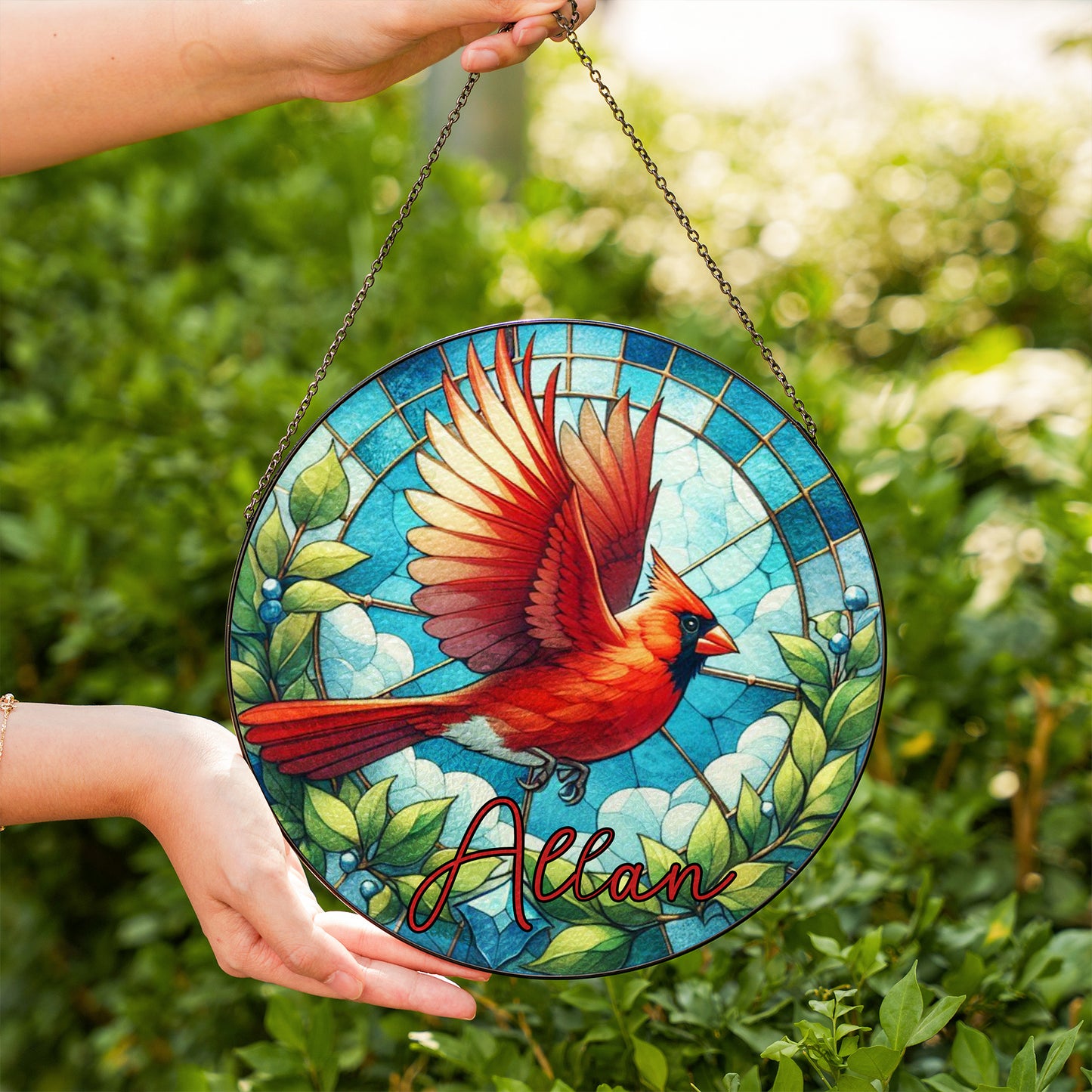 Personalized Stained Glass Cardinal Suncatcher – Custom Memorial Window Hanging