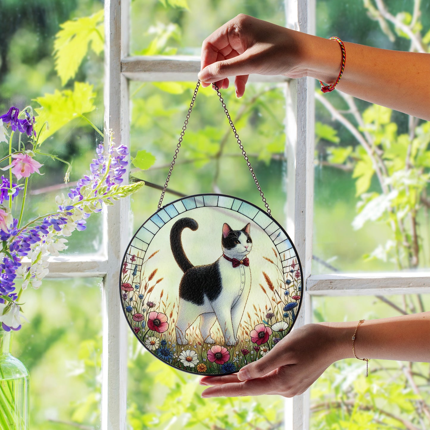 Cat Stained Glass Effect Suncatcher – Elegant Black & White Cat with Wildflowers