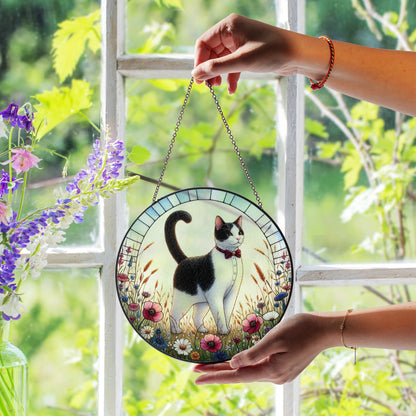 Cat Stained Glass Effect Suncatcher – Elegant Black & White Cat with Wildflowers
