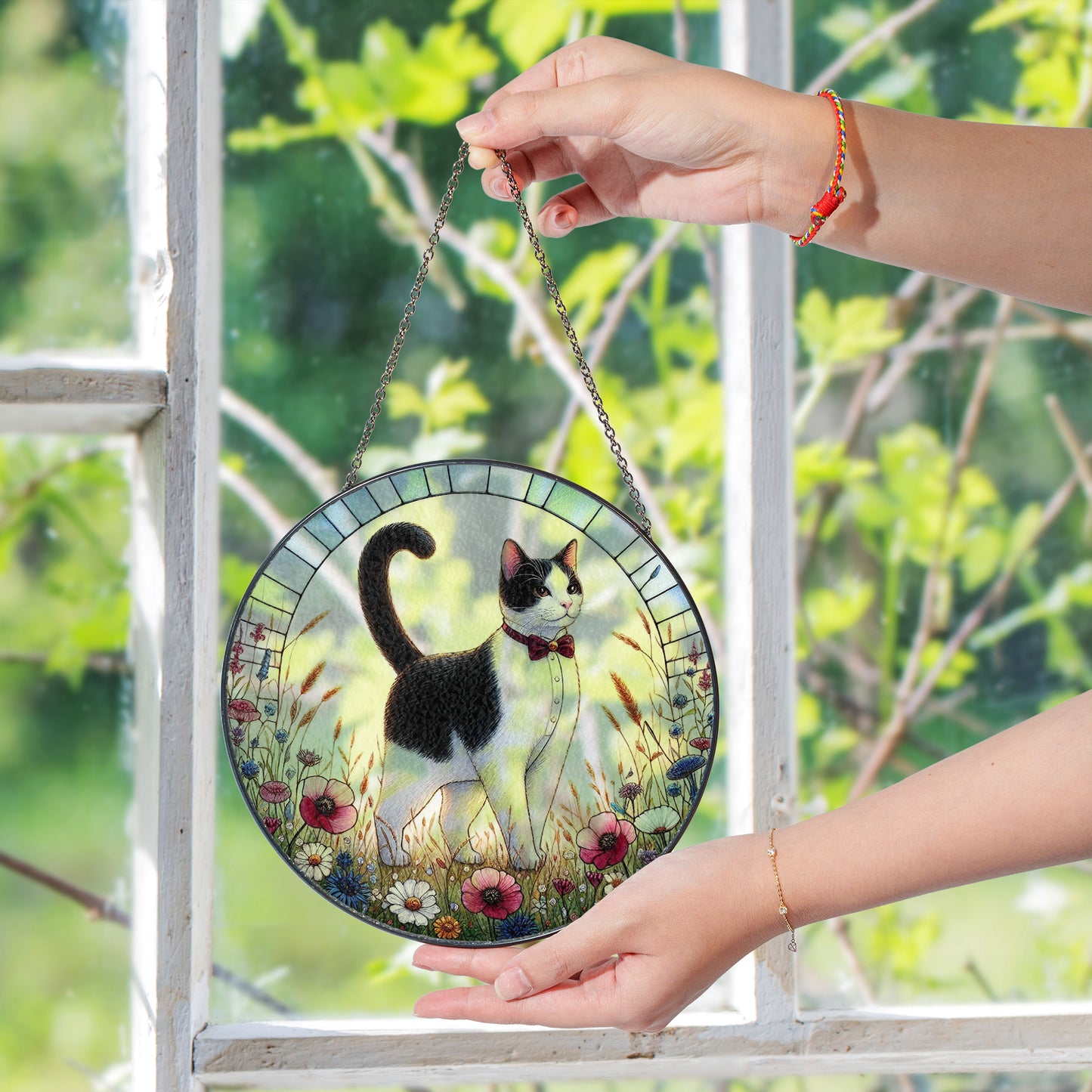 Cat Stained Glass Effect Suncatcher – Elegant Black & White Cat with Wildflowers