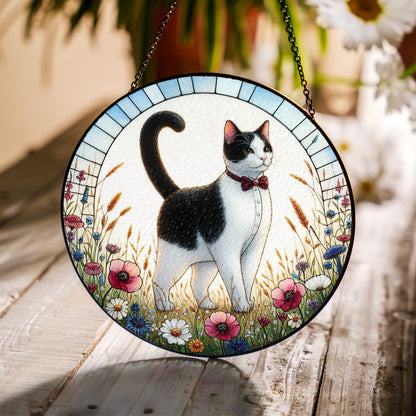 Cat Stained Glass Effect Suncatcher – Elegant Black & White Cat with Wildflowers