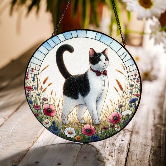 Cat Stained Glass Effect Suncatcher – Elegant Black & White Cat with Wildflowers