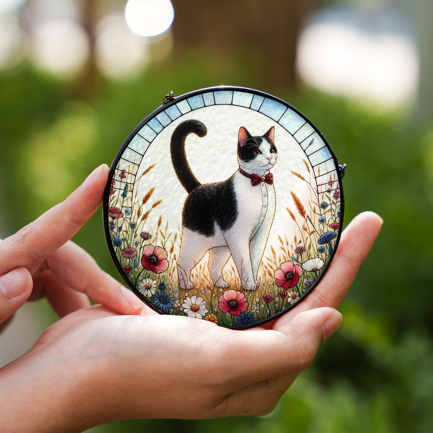 Cat Stained Glass Effect Suncatcher – Elegant Black & White Cat with Wildflowers