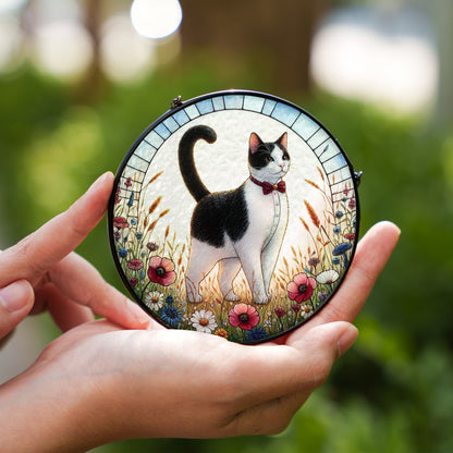 Cat Stained Glass Effect Suncatcher – Elegant Black & White Cat with Wildflowers