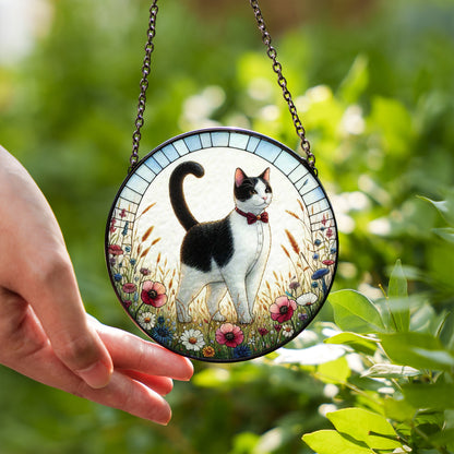 Cat Stained Glass Effect Suncatcher – Elegant Black & White Cat with Wildflowers