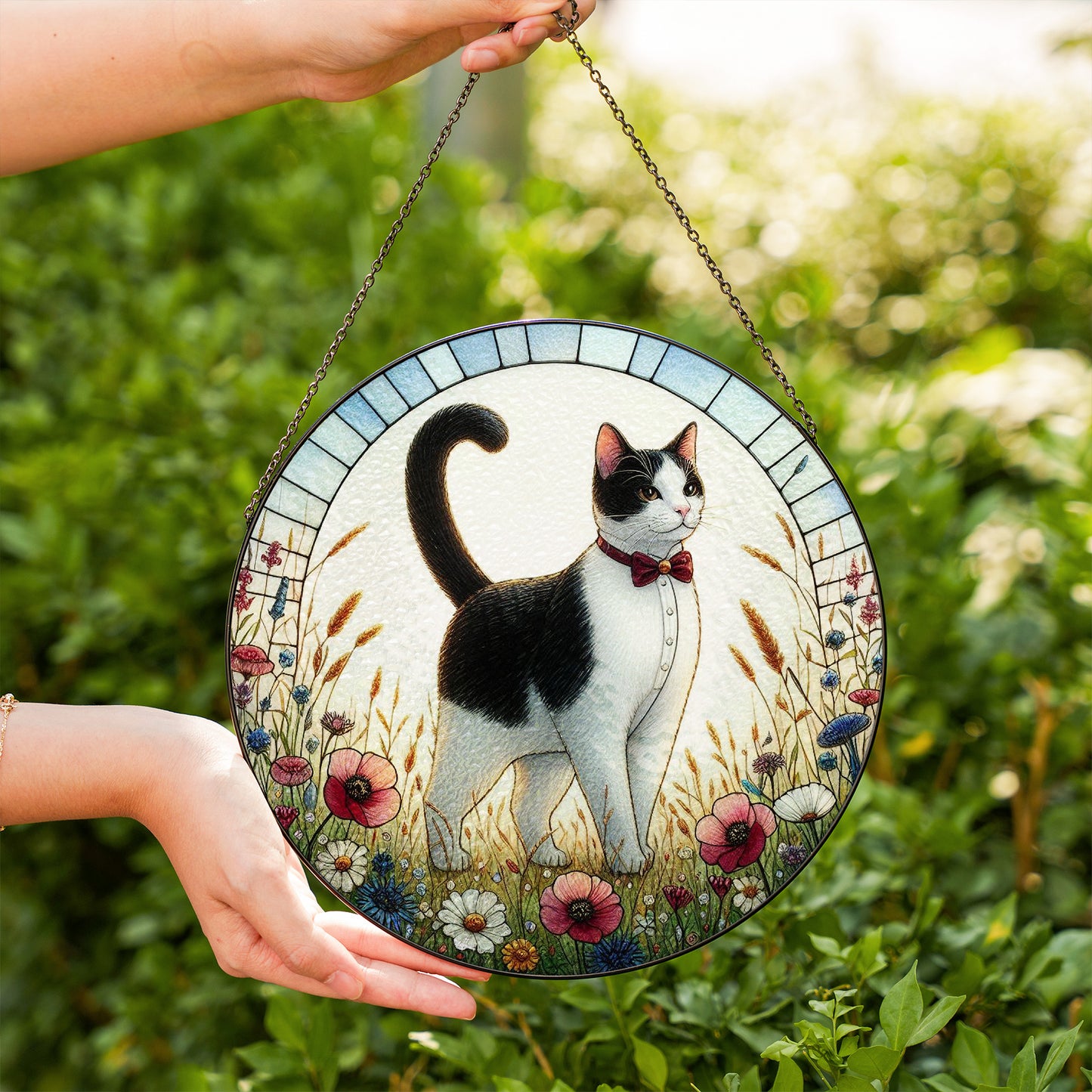 Cat Stained Glass Effect Suncatcher – Elegant Black & White Cat with Wildflowers