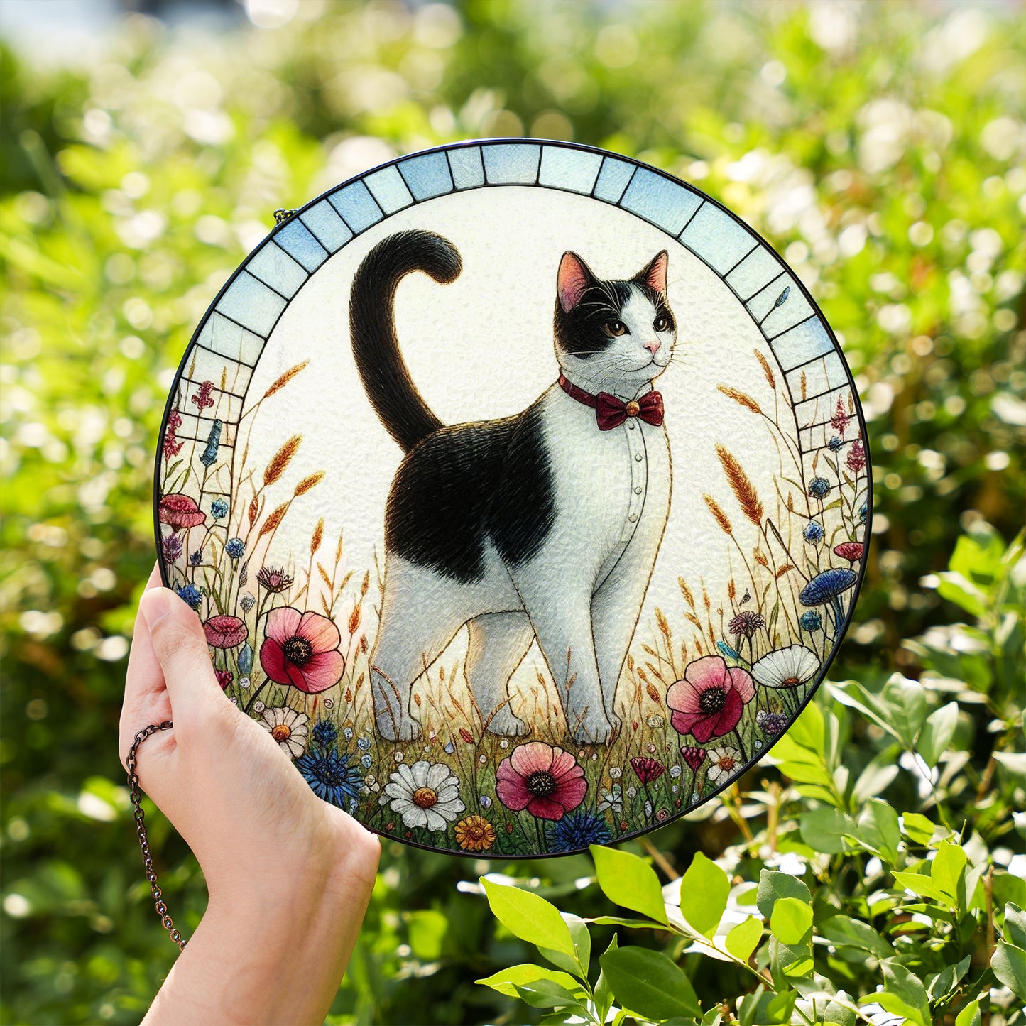 Cat Stained Glass Effect Suncatcher – Elegant Black & White Cat with Wildflowers