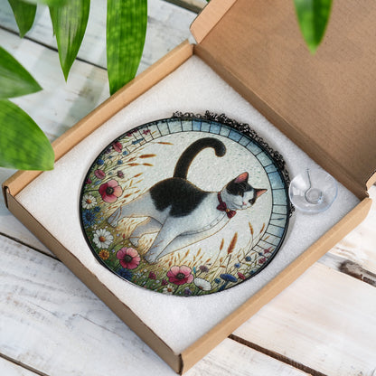 Cat Stained Glass Effect Suncatcher – Elegant Black & White Cat with Wildflowers