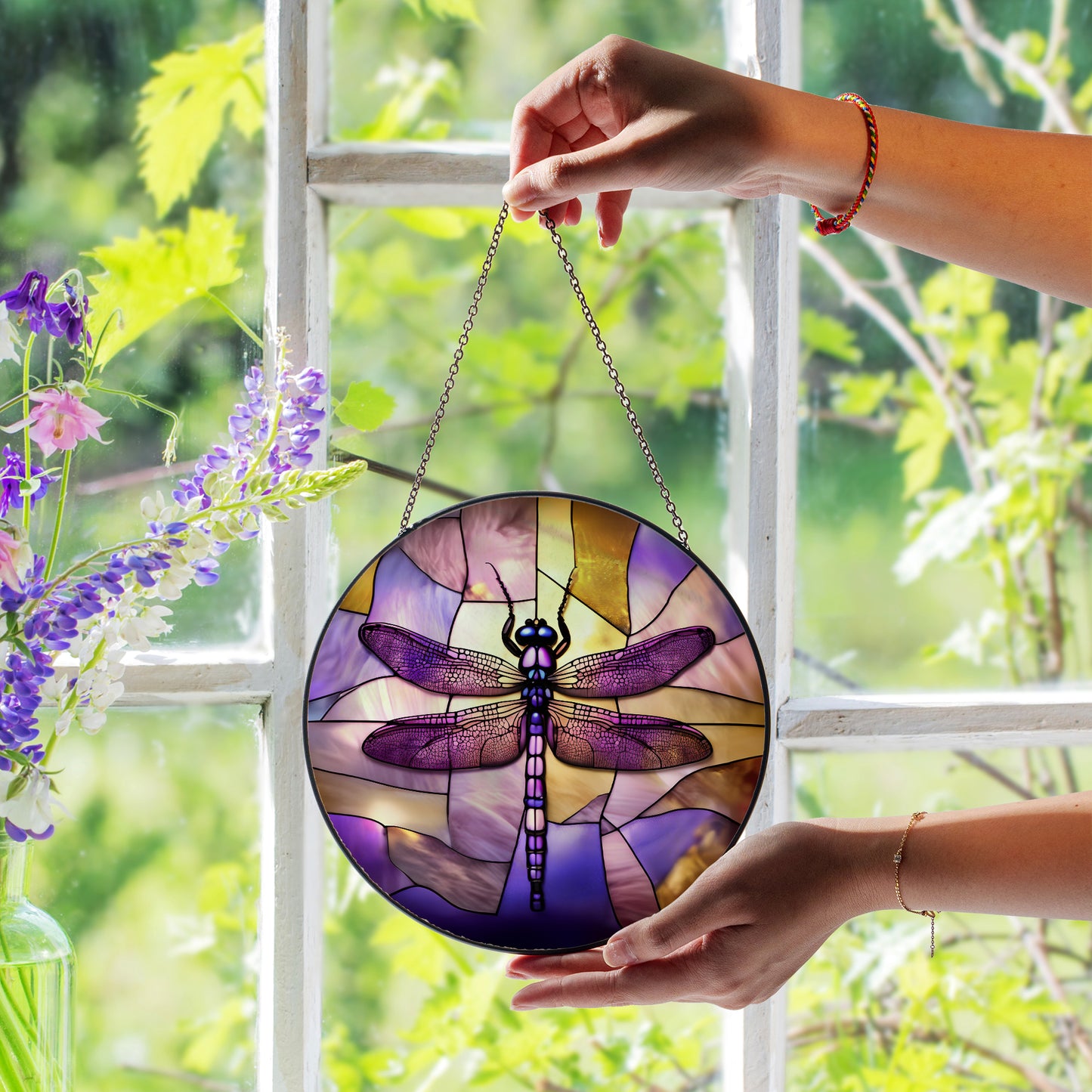 Purple Dragonfly Stained Glass Suncatcher for Window Hanging