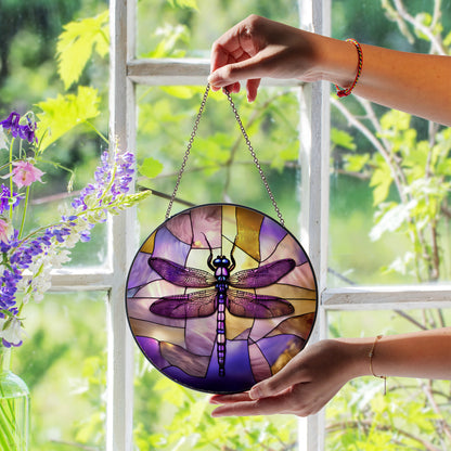 Purple Dragonfly Stained Glass Suncatcher for Window Hanging