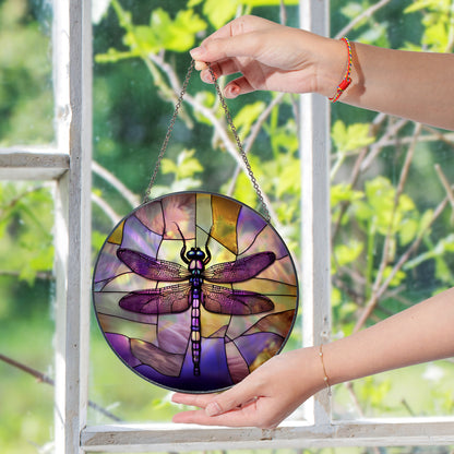 Purple Dragonfly Stained Glass Suncatcher for Window Hanging