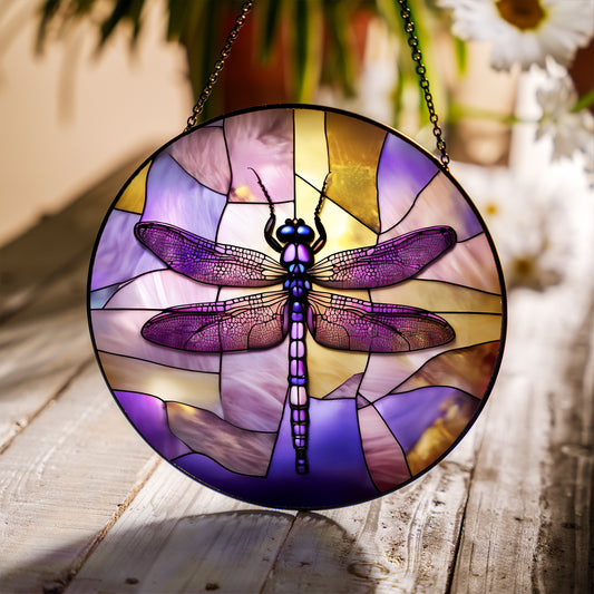 Purple Dragonfly Stained Glass Suncatcher for Window Hanging