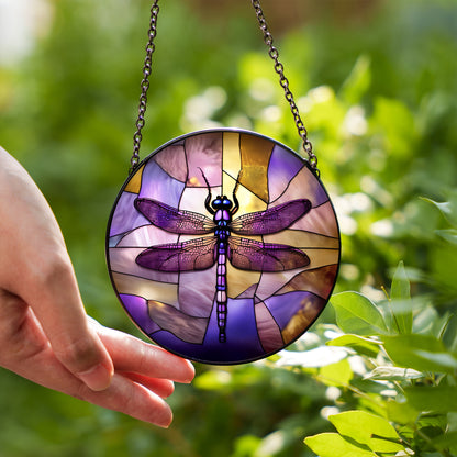 Purple Dragonfly Stained Glass Suncatcher for Window Hanging