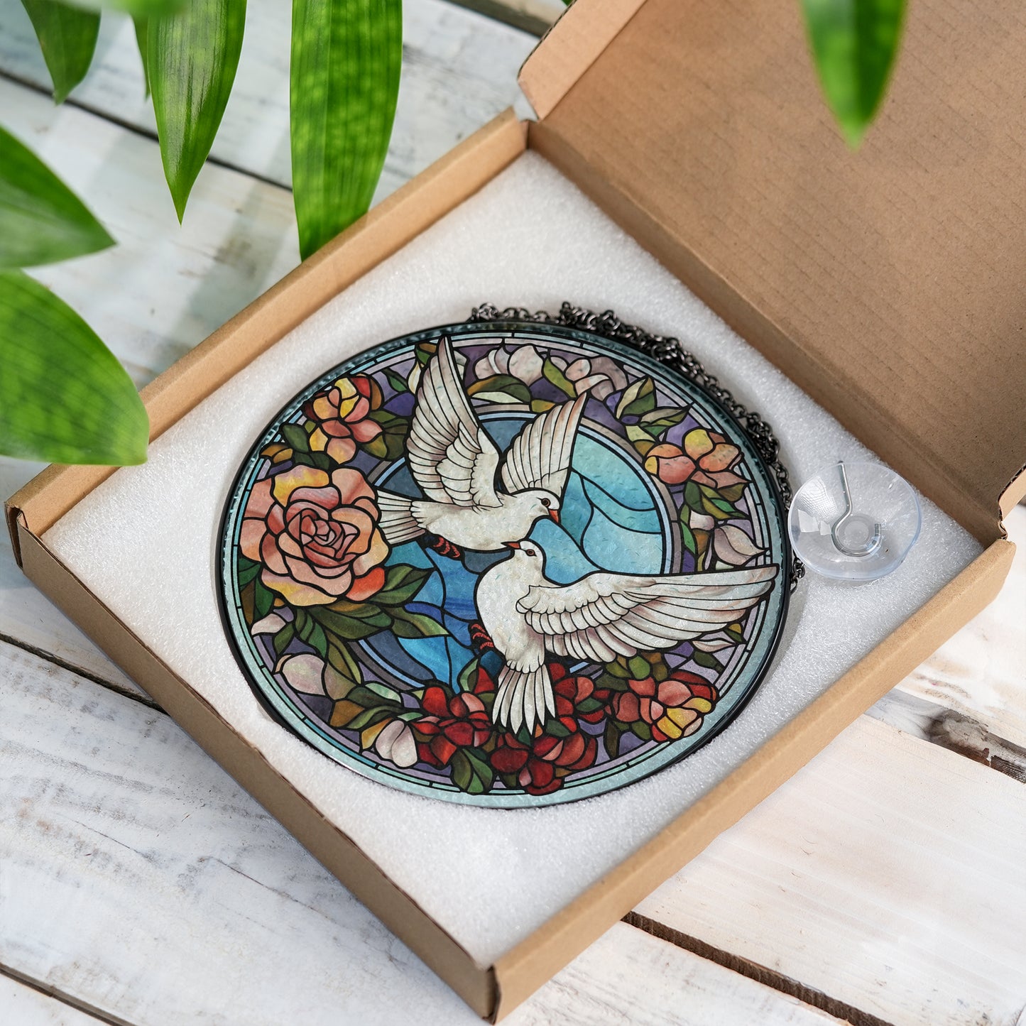 Doves Stained Glass Effect Suncatcher – Dove of Peace Window Hanging Decor