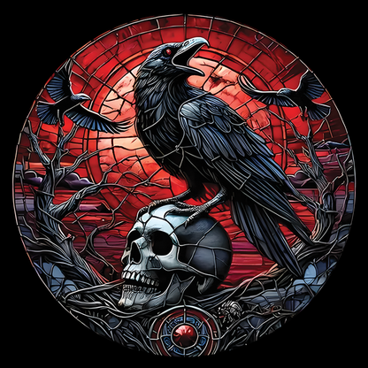 Gothic Raven Skull Stained Glass Suncatcher – Dark Crow Window Hanging, Witchy Halloween Home Decor Gift