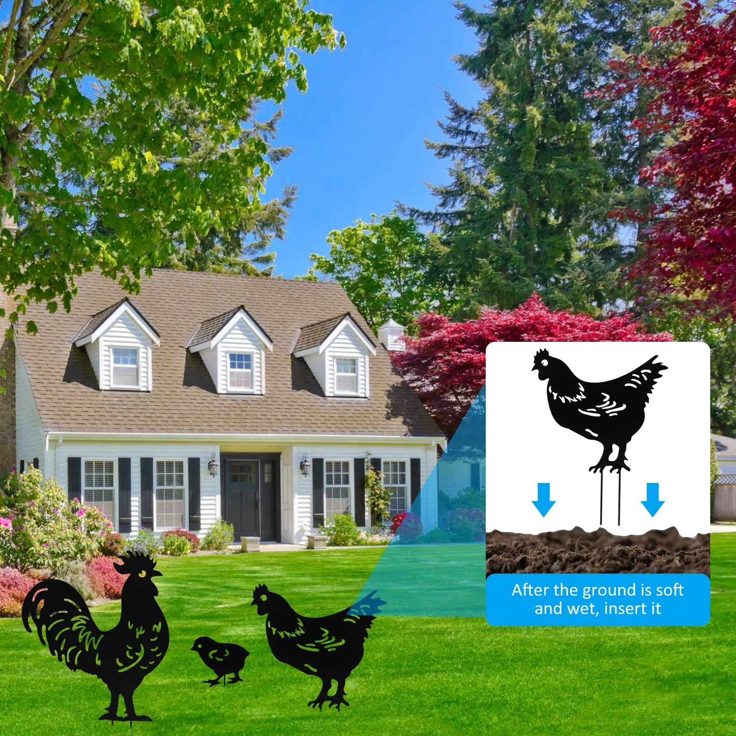 Chicken Metal Garden Yard Ornament - Set of 3