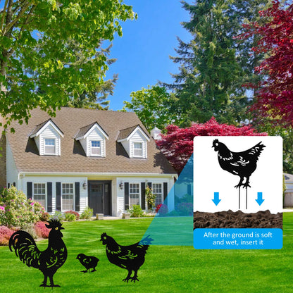 Chicken Metal Garden Yard Ornament - Set of 3