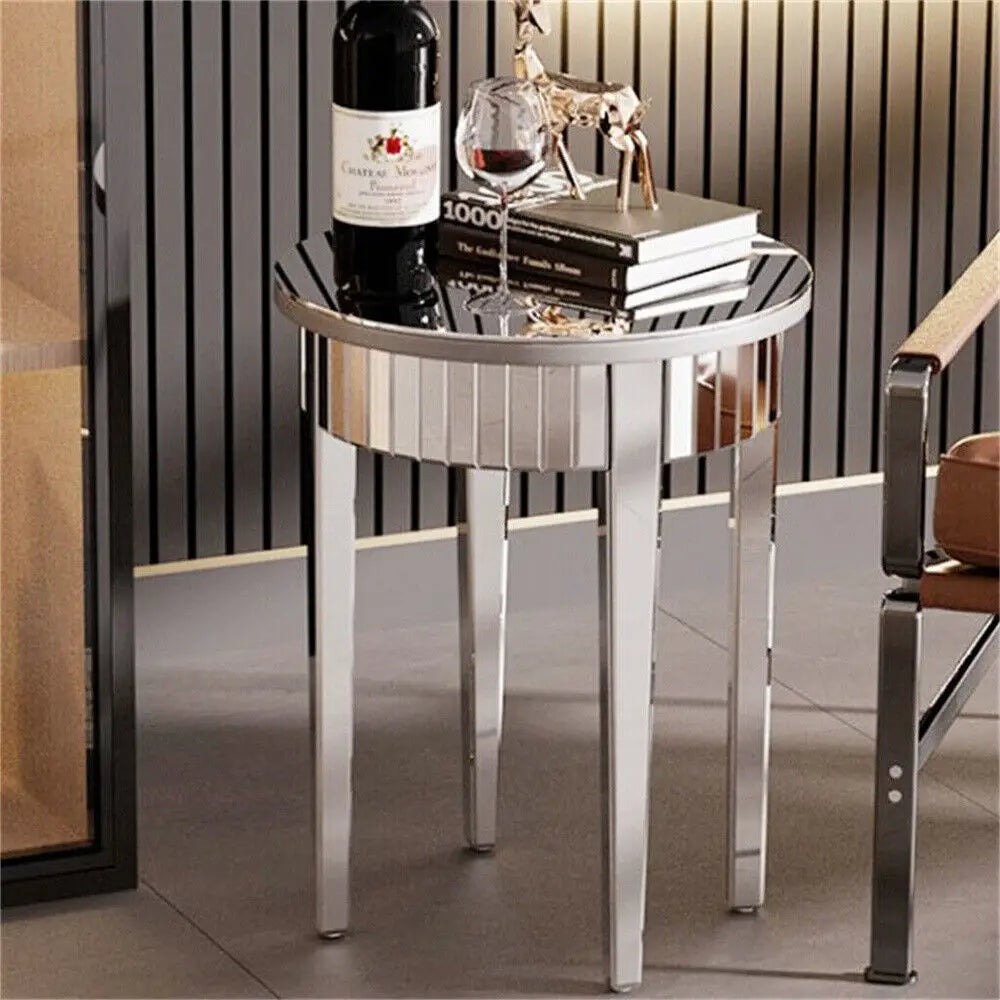 Silver Mirrorred Side Table Round Accent Table