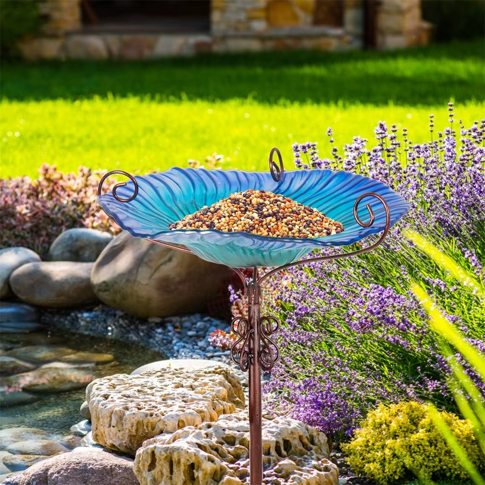Flower Glass Bird Bath, Feeding Station, Height 63 cm