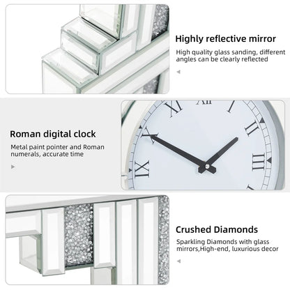 LUVODI Crushed Diamond Retro Art Roman Numeral Mirrored Wall Clock - Homevalley.co.uk