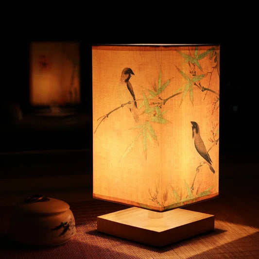 Vintage Chinese Wooden Table Lamp – Bamboo &amp, Fabric Bedside Light