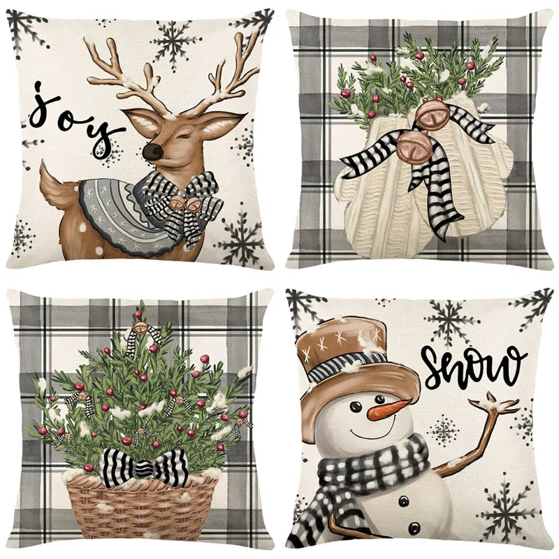 Linen Christmas Snowman Cushion Cover 45x45cm - Homevalley.co.uk