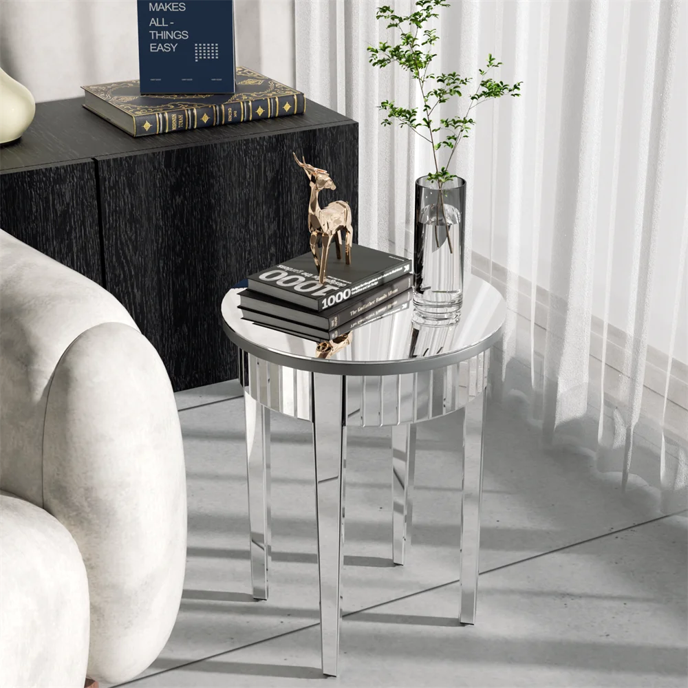 Silver Mirrorred Side Table Round Accent Table