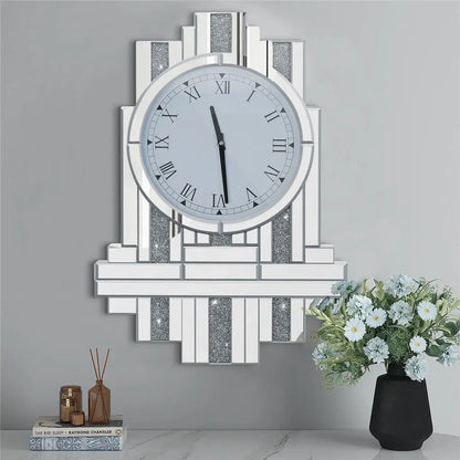 LUVODI Crushed Diamond Retro Art Roman Numeral Mirrored Wall Clock - Homevalley.co.uk