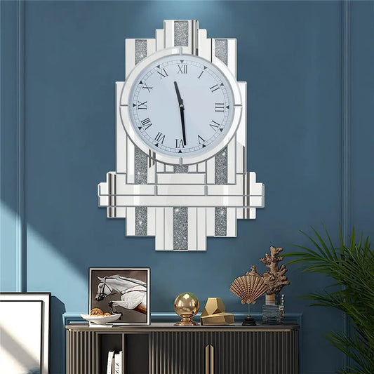 LUVODI Crushed Diamond Retro Art Roman Numeral Mirrored Wall Clock - Homevalley.co.uk