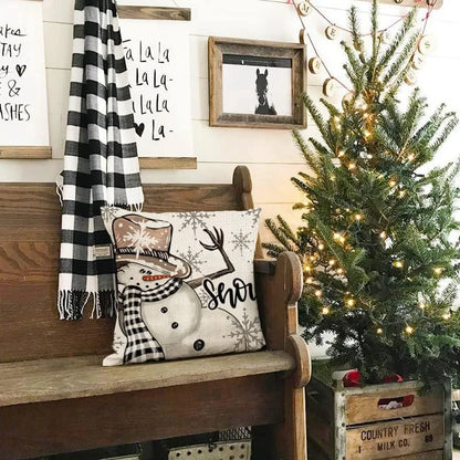 Linen Christmas Snowman Cushion Cover 45x45cm - Homevalley.co.uk