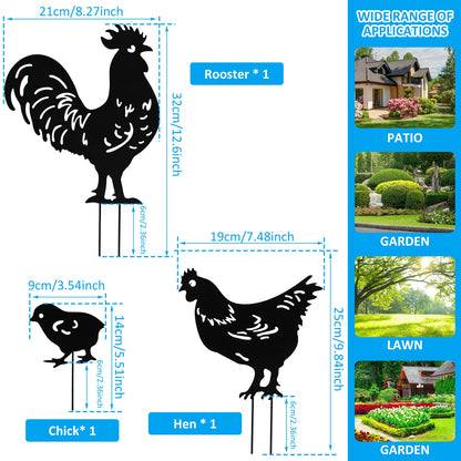 Chicken Metal Garden Yard Ornament - Set of 3