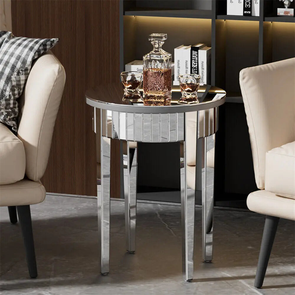 Silver Mirrorred Side Table Round Accent Table