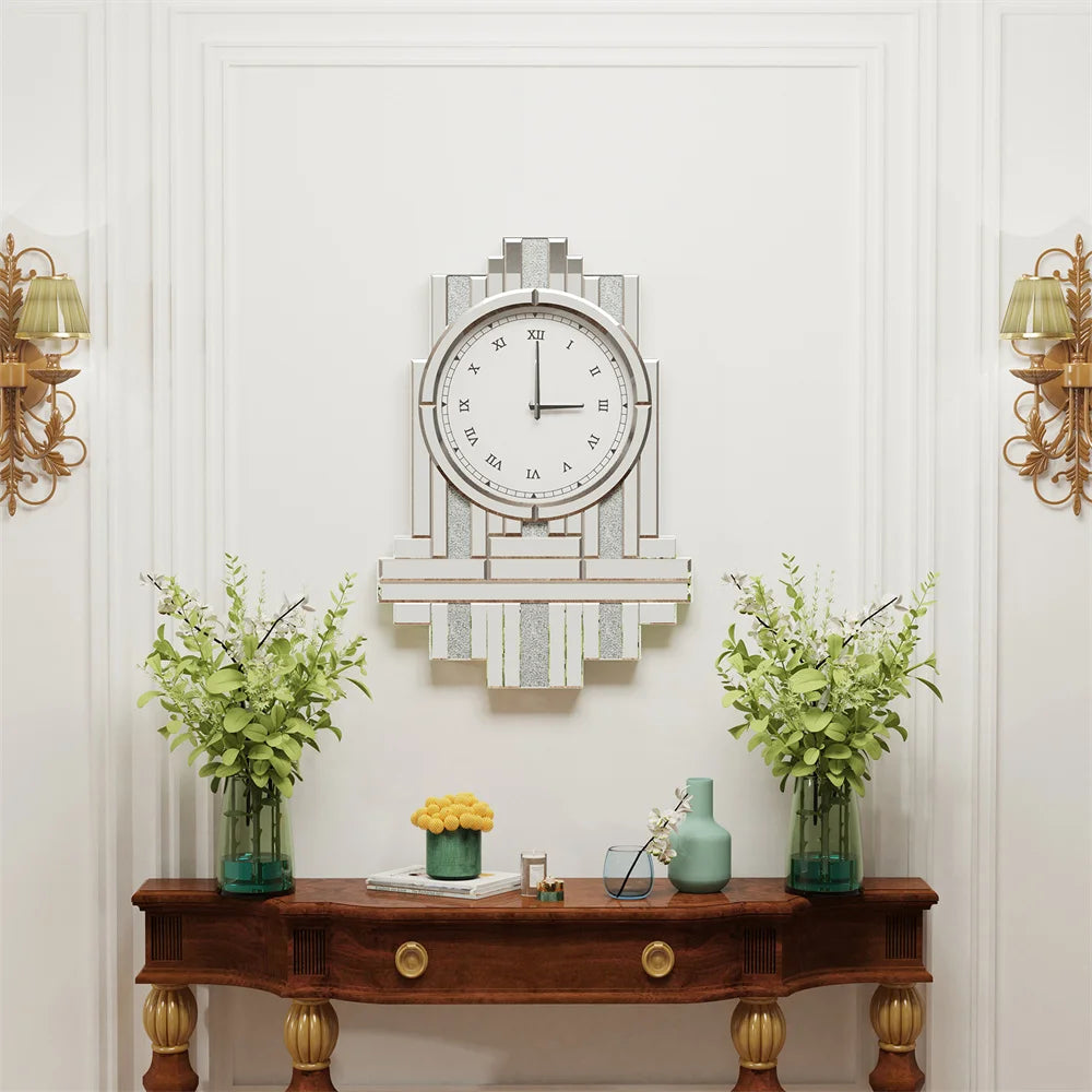 LUVODI Crushed Diamond Retro Art Roman Numeral Mirrored Wall Clock - Homevalley.co.uk