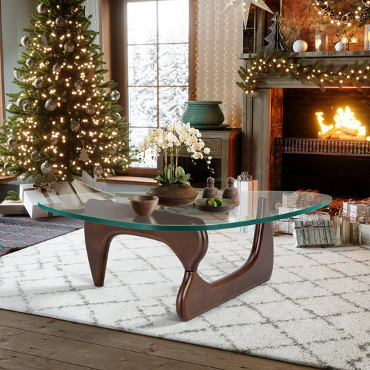 Ash Wood Nordic Tempered Glass Irregular Round Coffee Table - Homevalley.co.uk