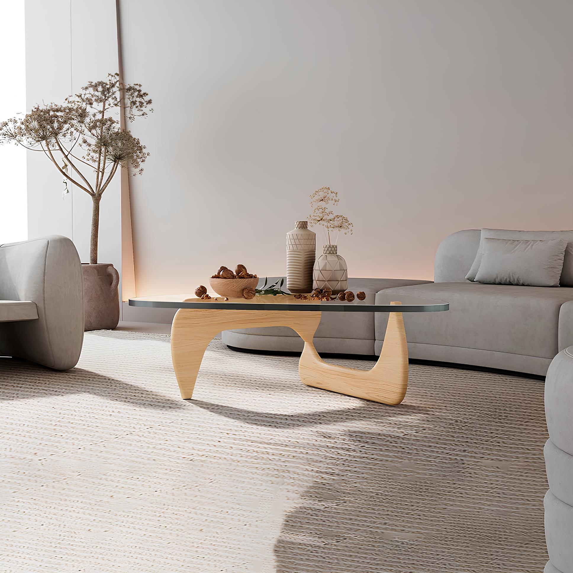 Ash Wood Nordic Tempered Glass Irregular Round Coffee Table - Homevalley.co.uk