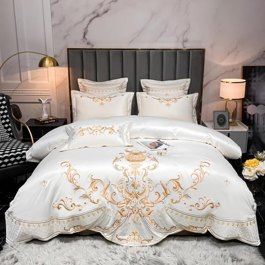 Beige - White Luxury Royal Gold Embroidery Glossy Cotton Bedding Set, 400TC - Homevalley.co.uk