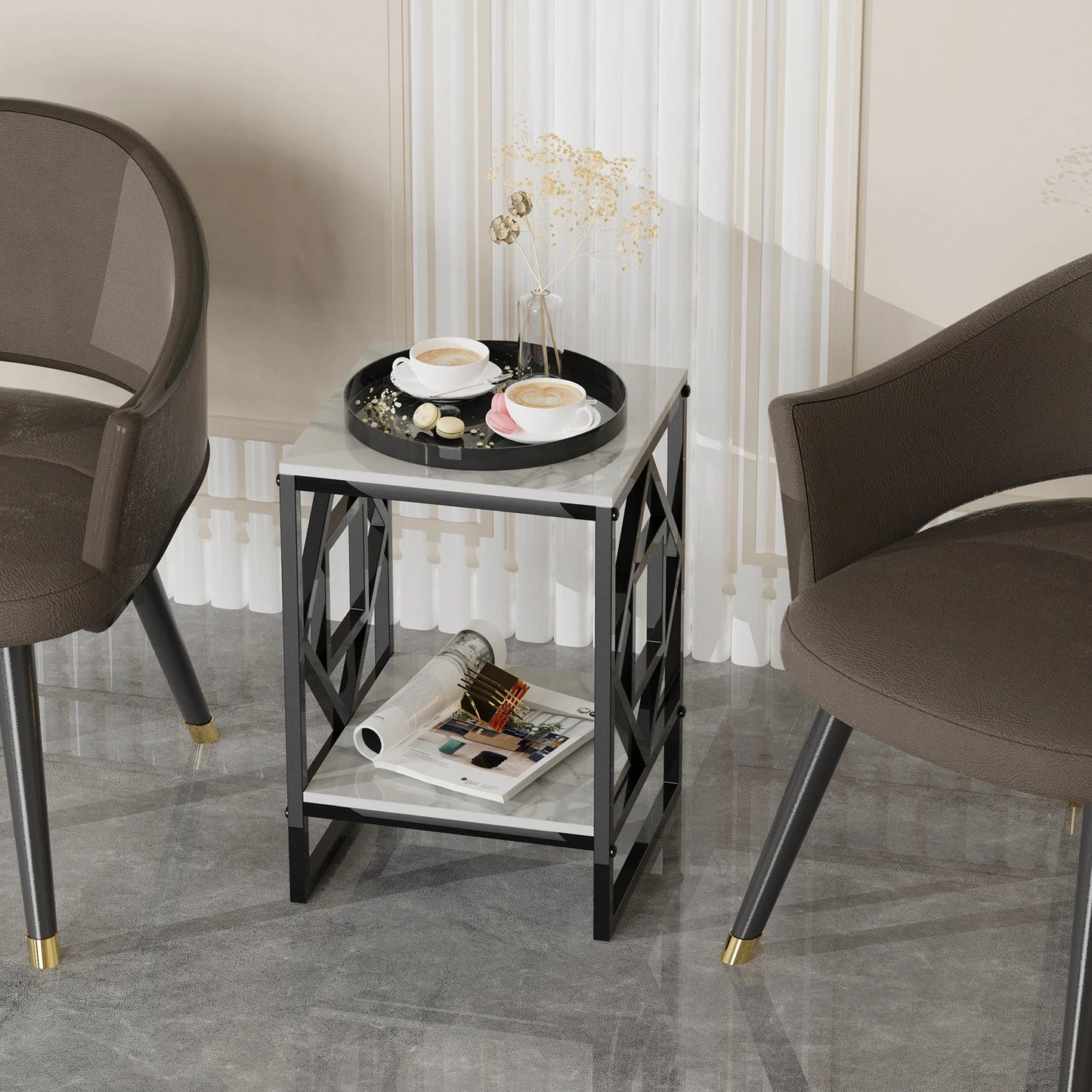 Black Frame White Marble Top Side End Bedside Table Nightstand - Homevalley.co.uk
