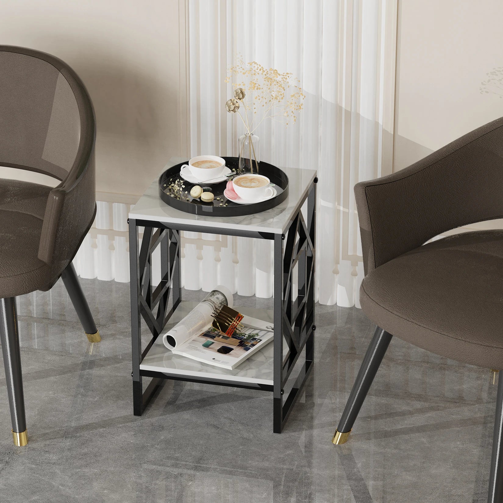 Black Frame White Marble Top Side End Bedside Table Nightstand - Homevalley.co.uk