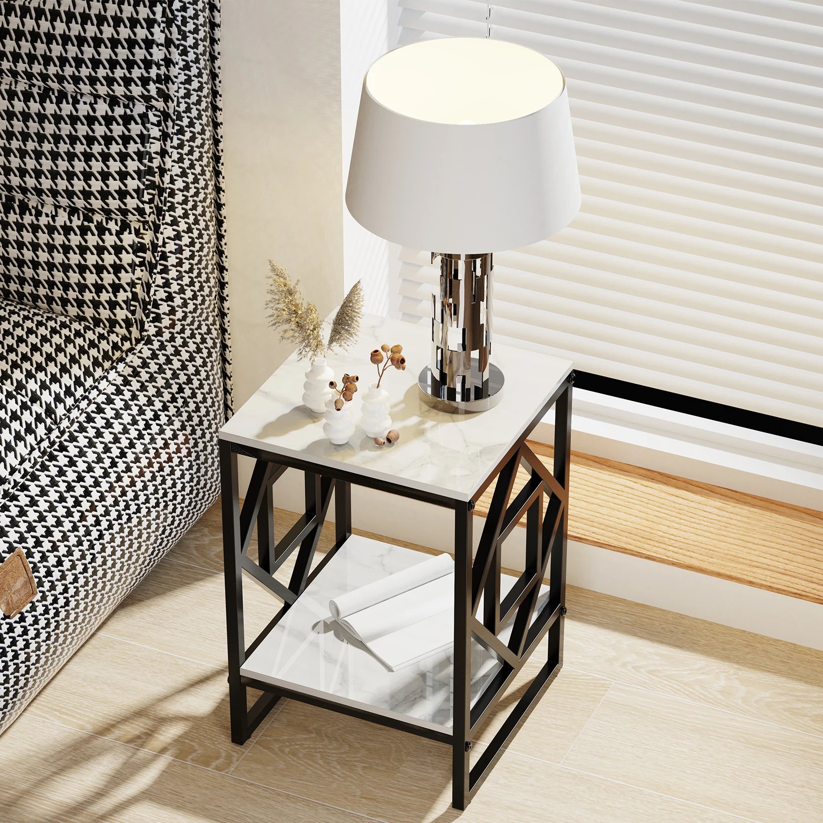 Black Frame White Marble Top Side End Bedside Table Nightstand - Homevalley.co.uk