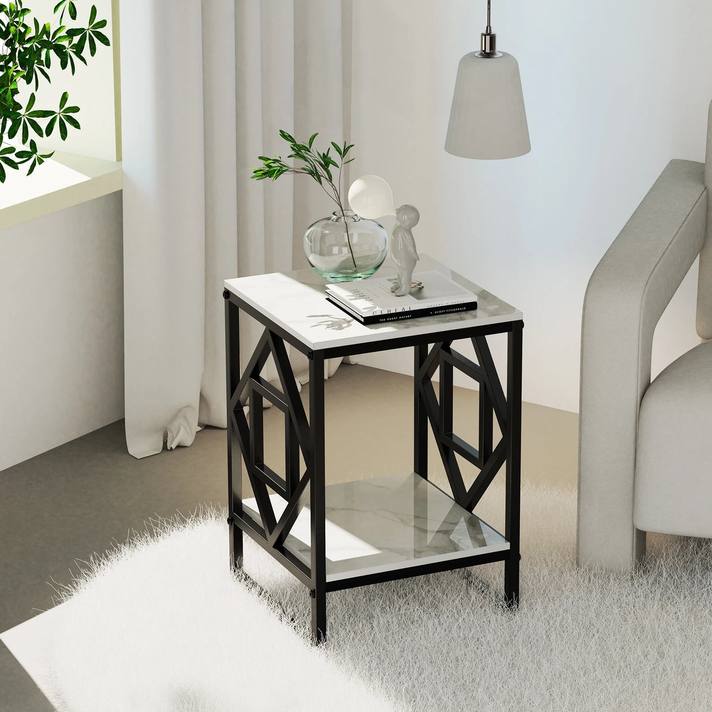 Black Frame White Marble Top Side End Bedside Table Nightstand - Homevalley.co.uk