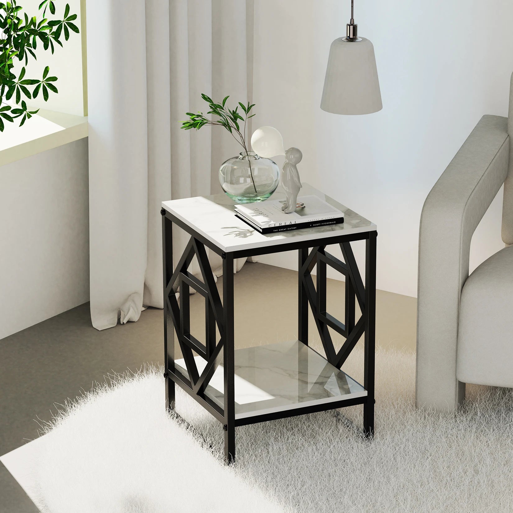Black Frame White Marble Top Side End Bedside Table Nightstand - Homevalley.co.uk
